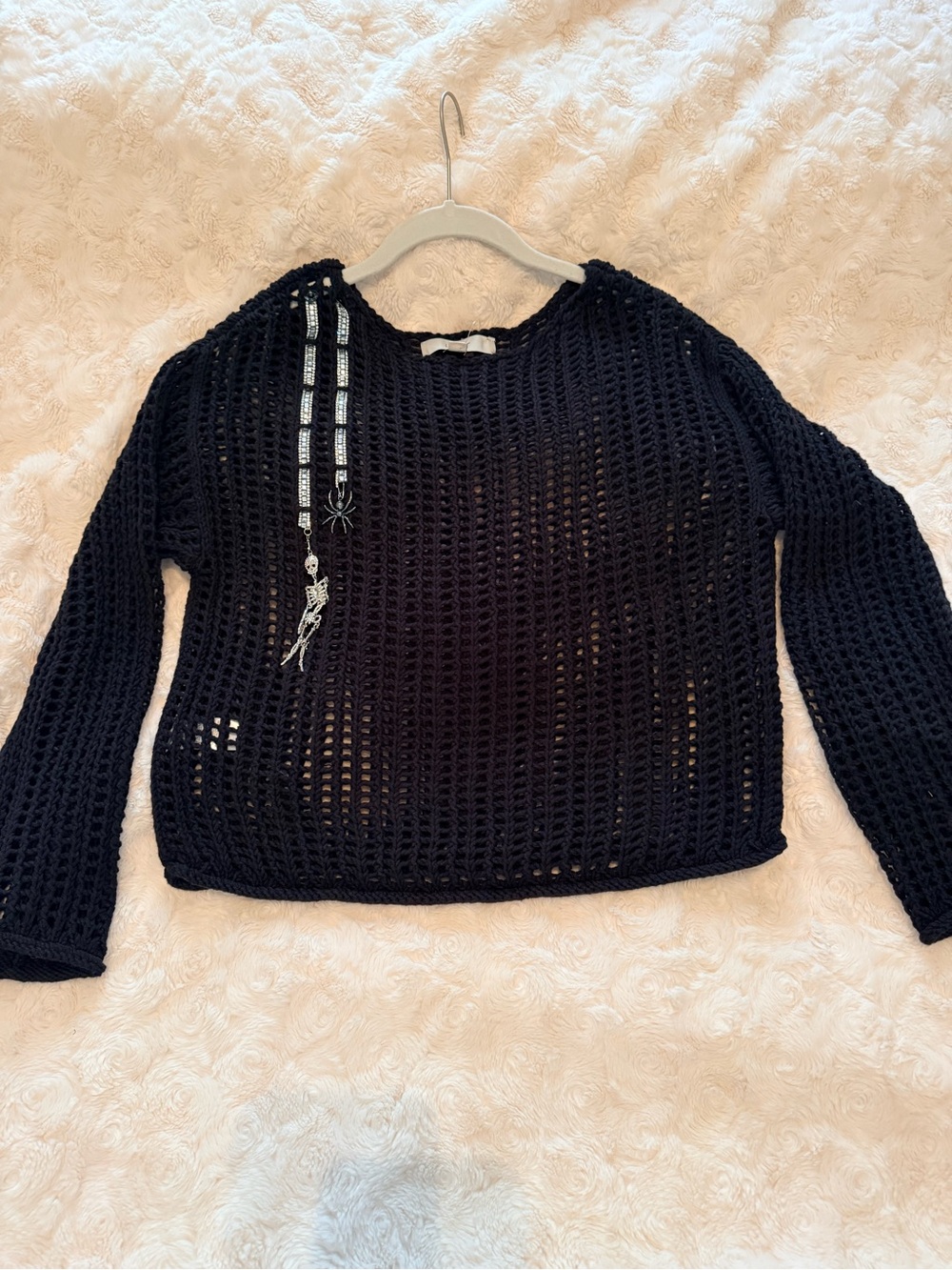 Black Open-Knit Long Sleeve Sweater with Halloween embellishments